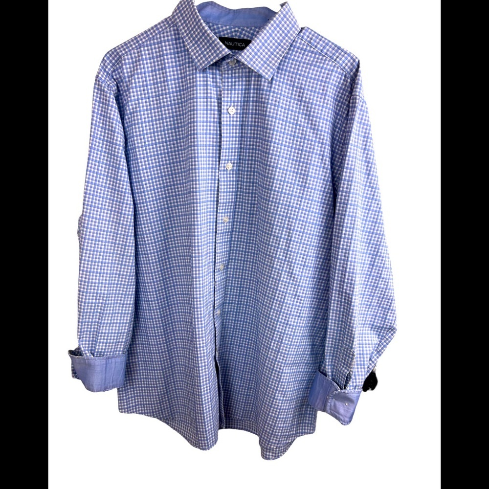 Men's Nautica Blue Plaid Long Sleeve Button Front Dress Shirt Size XL 17 - 34/35